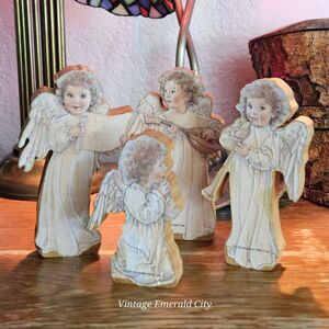 Vtg Victorian Cardboard Angels Carved Wood Stand-up Handmade Figures Merrimack
